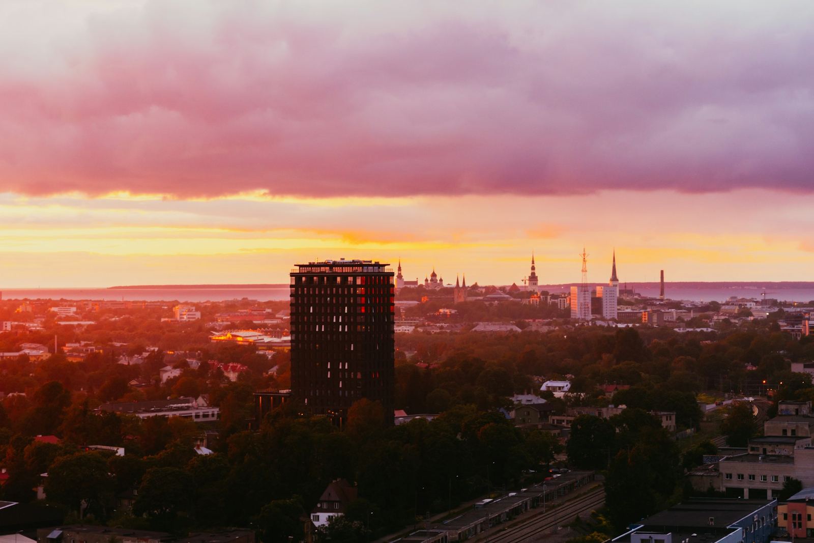 Tallinn skyline and Old Town spires at sunset
